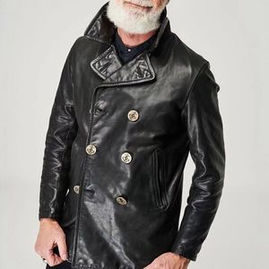 Stallone Leathers Navy 740 leather Jackets Lapel double row horn buckle Washed fully vegetated tanned sheep leather jacket