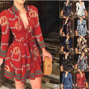 Autumn Casual Dresses XL Women Lace Up Button Down Chain Printed Lapel Neck Party Dress Sexy Fashion Bandage Skirt