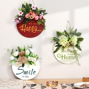 Cartello da appendere in legno con ghirlanda per porta d'ingresso con fiori decorativi, decorazioni per esterni per la casa colonica
