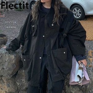 Kvinnorjackor Flectit Black Windbreaker med verktygsficka Snap -knapp överdimensionerad lastjacka Y2K Dent Girl Womens Ytterkläderrockar T221008