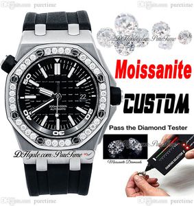 Niestandardowy Moissanite Diamond Bezel A3120 automatyczny męski zegarek 42mm 1571 czarna teksturowana tarcza gumowy pasek Super Edition zegarki Puretime A1