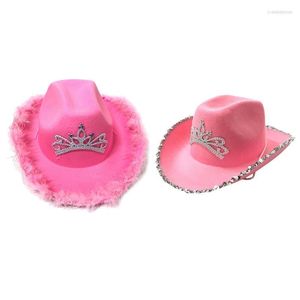 Basker ull filt fedoras med glittrande prydnad bred grim hatt paillette hattar cowgirl stil i rosa tillbehör