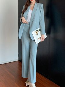 Kvinnors kostymer blazers kvinnor kontor bl￥ blazer byxor vintage l￥ng￤rmad kostym jackor blyerts byxor 2 stycken set kvinnliga mode koreanska arbetskl￤der 221008