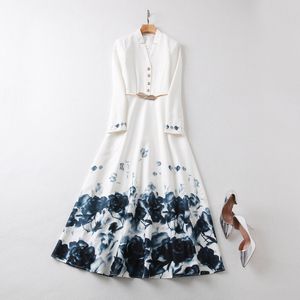 2022 Autumn V Neck Contrast Color Ink Print Belted Dress White Long Sleeve Buttons Mid-Calf Midi Casual Dresses S2O080116 Plus Size XXL