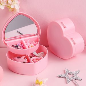 Storage Boxes Bins Pink Love Heart Jewelry Double Layers Mirror Cosmetic Organizer Cute Trinket Drawer Portable Girl Make Up Case 221008