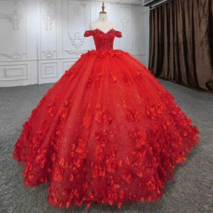 Luksusowe czerwone sukienki Quinceanera suknie balowe aplikacje 3D kwiaty koraliki cekinowe vestidos de 15 anos urodzinowe suknia balowa