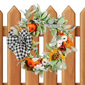Dekorativa blommor H￶stkrans Fall Pumpkin Sign med Bow Tie Artificial Harvest f￶r ytterd￶rren Thanksgiving