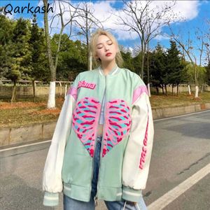 Women's Jackets Women Basic Jackets Green Heart Print Harajuku Baseball Uniform dents All-match Outwear Fashion Bomber Zipper Loose Chic Coat T221008