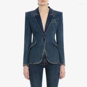 Damskie garnitury damskie Blazers High Street Fashion 2022 Designer Blazer Slim Entitting Single Button Denim Kurtka