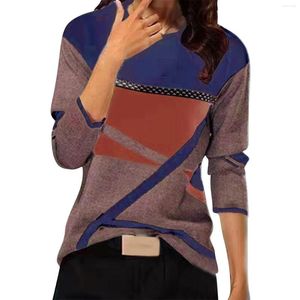 Women's T Shirts Women Fashion Casual O-neck Geometric Color Block Flannel Brushed Long Sleeves Top Medium Sleeve