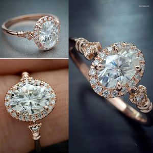 Anéis de casamento oval rosa zircão anel de luxo grande strass para mulheres presentes de jóias de moda cúbica branca