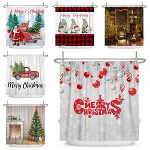 Tende da doccia Buon Natale Tenda da doccia Pupazzo di neve Santa Car Red Truck Xmas Ball Pine Tree Winter Forest Landscape Impermeabile Bagno Decor 221008