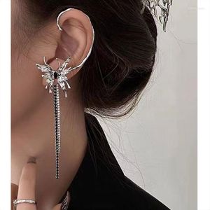 Brincos de costas Black Zircon Alienfly Butterfly Tassel Metal Ear Hook para mulheres Presentes de joias Y2K Clip punk Personalidade Huanzhi