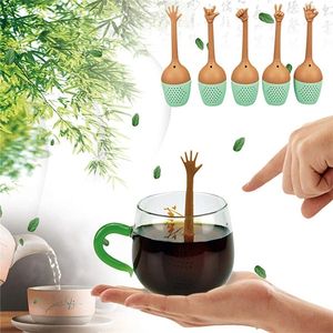 Gestos fofos de m￣o infusadores de ch￡ solto de folhas longa al￧a de silicone tea filtro para viagens garrafa de caneca em casa Ferramentas de ch￡