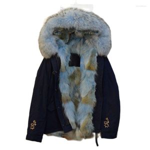 Parka da donna in pelliccia di coyote blu cielo per abbigliamento invernale da donna, parka con perline blu scuro e vero piumino foderato