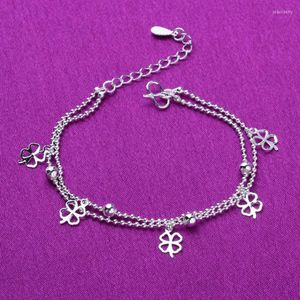 Anklets High Quality 925 Sterling Silver Simplicity Lucky Clover Chain Anklet Bracelet 20-25CM Women Party Charm Jewelry