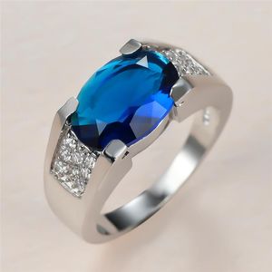 Wedding Rings Blue Crystal Zircon Ring Big Oval Stone For Women Men Jewelry Vintage Fashion Silver Color Engagement Promise