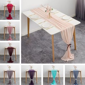 ヨーロッパのシンプルな結婚式の装飾テーブルランナーソリッドカラーポリエステルシフォンテーブルクロスストリーマーLT080