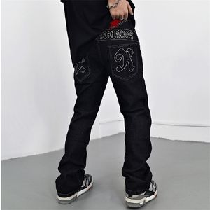 Mens Jeans Spring Retro Ripped Stars Letter Embroidery Black Casual Jeans Straight Pockets Washed Streetwear Mens Denim Trousers 221008