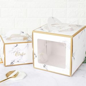Geschenkomschakeling inch Cake Box Marble Paper Boxes Party Dessert Packaging Bakery With Tray Clear Display Window St