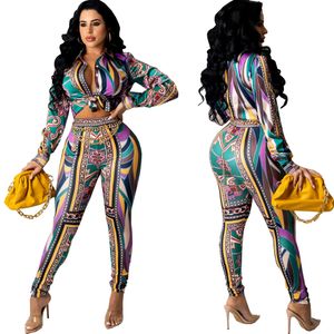 Fashion Print Two Piece Pants Women Casual Shirt and Legging 2Pcs Sets Long Sleeve Outfits Free Ship