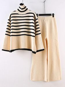 Women's Two Piece Pants 2 Pieces Sets Knitted Turtleneck Striped Sweater With Loose Casual Wide-leg Women's Autumn And Winter M862