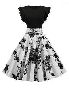 Women's T Shirts Black White Patchwork Floral Print Summer Dress Petal Sleeve Dot Vintage Robe Casual Rockabilly Party Vestidos Fishion