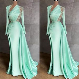 Mint Green Side dividido vestidos de baile Apliques Pregas de manga longa vestido de noite personalizada Mulheres de trem formal Festa de celebridade Wly935