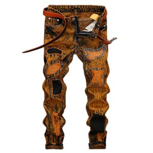 Men's Jeans EVJSUSE Yellow Coated retro jeans male hole personality Slim straight mens patchwork Embroidery ripped 221008