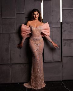 Shiny Sequins Beads Prom Dresses Elegant Pink Mermaid Evening Dress Custom Made Long Sleeves Glitter Women Celebrity Party Gown wly935