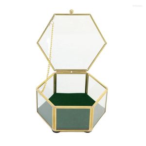 ジュエリーポーチヴィンテージゴールデンガラス蓋をしたボックス装飾的な記念品ディスプレイオーガナイザーk3nd用クリア六角形のリングブレスレット