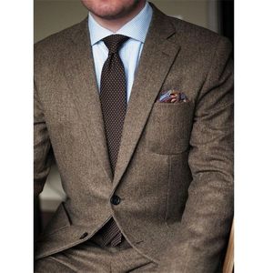 Män s kostymer blazers brun fiskbens tweed casual för vinter 2 -stycken bröllop groomsmen tuxedo manlig set jacka med byxor mode 221008
