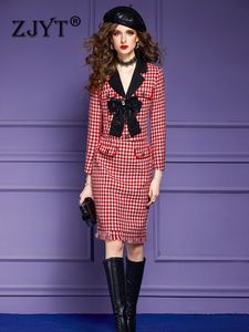 Zweiteiliges Kleid ZJYT Runway Designer-Tweed-Wolljacke und Rock-Set 2 Damen-Outfit Herbst-Winter-Kleidung Retro-Hahnentrittmuster-Anzüge 221010