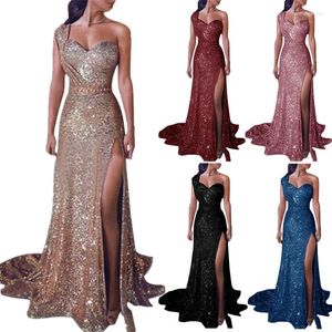 Casual Dresses Big 5xl Fashion Women Dress paljett Prom Party Fork Opening Ladies Ball Gown Sexig guldkväll V-ringning lång