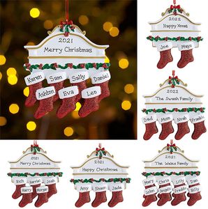 Weihnachtsstrumpf-Harz-Ornament, personalisierter Familienname, Weihnachtsbaum-Hängeanhänger, 2–7 Köpfe