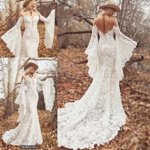 Long Boho Sleeves Wedding Dresses 2022 Sheer O-neck Vintage Crochet Bold cotton Lace Bohemian Hippie Country Bride Gowns
