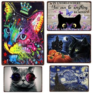 Bright-Colored Cat Metal Painting Cool Kittens Vintage Metal Plate Cats In The Starry Night Wall Decor For Home Toilet Pet Shop Woo