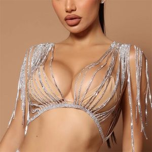 Other Luxury Tassel Crystal Chest Jewelry Bikini Top Half Sleeve Chest Ornament Body Chain Bra Lingerie Women Banquet Party 221008
