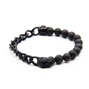 18k Gold Curb Chain Link Bracelet In Stainless Steel Black Lava Stone And Skull Bead Elastic Bracelet Wholesale Beading Bracelets