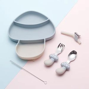 Baby Silicone Double Suction Cups Integrated Complementary Supplies Fork Spoon Set