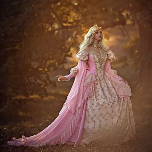 Pink Ombre Fantasy Sleeping Beauty Wedding Dress Long Sleeve Court Train 2023 Vintage Country Bride Ball Gown Gold Lace Applique Beaded Masquerade Occasion Wear