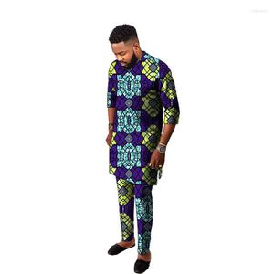 Men's Tracksuits Purple Printing African Groom Suits O-Neck Shirts Modern Design Men's Sets Tops With Pants Male Outfits