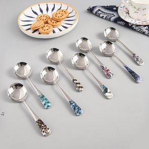 Round Head Soup Spoons Fashion Printing Pattern Short Handle Tablespoons Stainless Steel Dessert Tea Spoons Tableware GCB16157