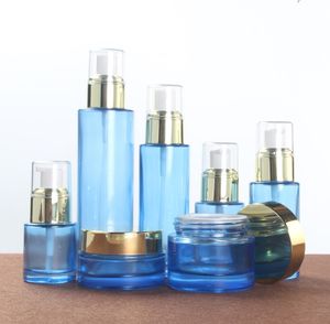 Niebieski szklany pusty butelka z sprayem perfum 20 ml-120ml drobna mgła atomizer Butelki napełnione butelki z pompą kosmetyczną olejku eterycznym