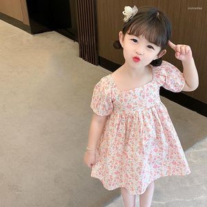 Girl Dresses Summer Girls Floral Baby Puff Sleeve Bow Decoration Princess Dress A-line Skirt Kids Casual Cothes 1-4 Years