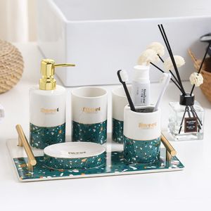 Bath Accessory Set Bathroom Decoration Accessories Toothpaste Dispenser Toothbrush Holder Ceramic ABS Pump Head Lotion Bottle Storage Tray