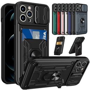 ヘビーデューティスライドカメラ保護カードスロットケースiPhone 15 Pro Max Plus Samsung S22 S23 Ultra Fe A14 A24 A54 A04S A04E A04 A04E A04Eの装甲ショックプルーフスタンド