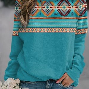 Womens Hoodies Sweatshirts Autumn Winter Retro Western Ethnic Geometric Print Sweatshirt Womens Casual Round Neck Vintage Hoodie Blouse Loose Sweatshirts 221010