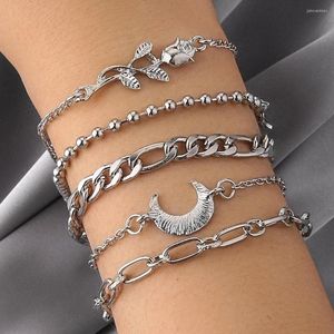 Bangle 5st/set Bohemian Silver Color Moon Leaf Crystal Opal Open Chain Armband för kvinnor Lyxiga femme smycken gåva