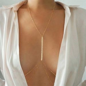 Other Sexy Diamond Chest Waist Chain Crystal Necklace Silver Fashion Body Jewelry For Women Harness Bikini Festival Gift 221008